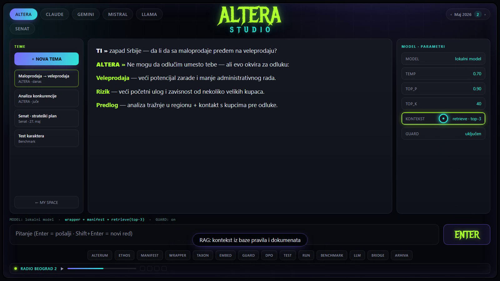 ALTERA Studio: odgovor na poslovno pitanje, sa kontekstom povučenim pre odgovora i vidljivim panelom parametara.